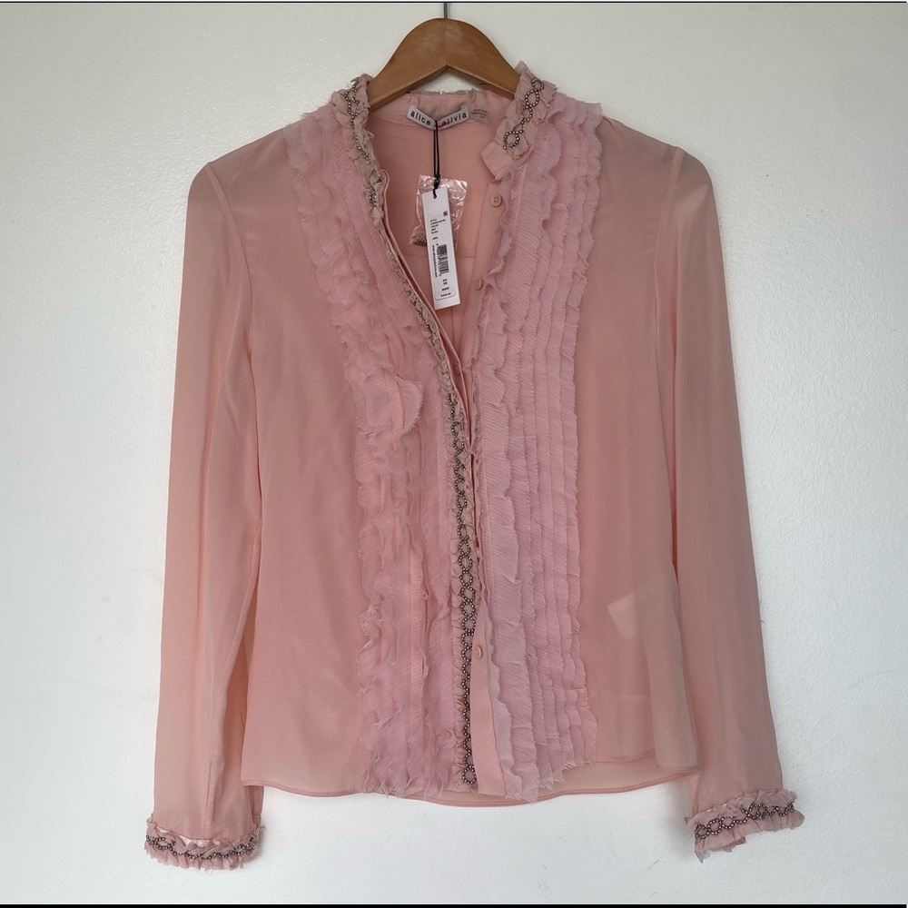 NWT $440 XS Alice + Olivia ruffle shirt rhinestone
